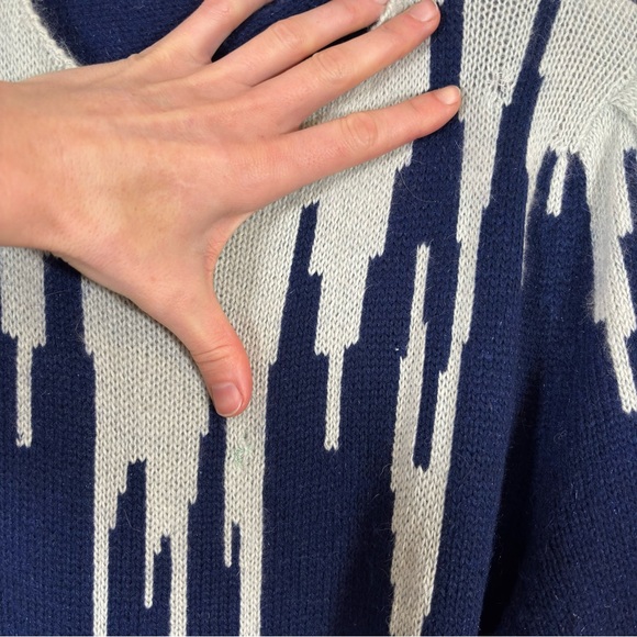 Vintage 80s Knit Sweater Dress Navy Blue Grey Long Sleeve Belted Size Medium - Picture 9 of 9